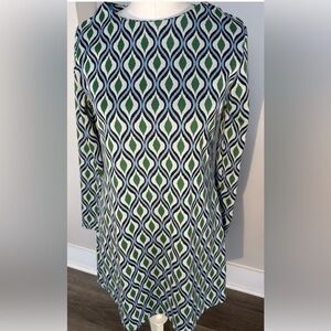 Zara Jacquard Retro Mod Long Sleeve Knee Length Sheath Dress Blue/green Large